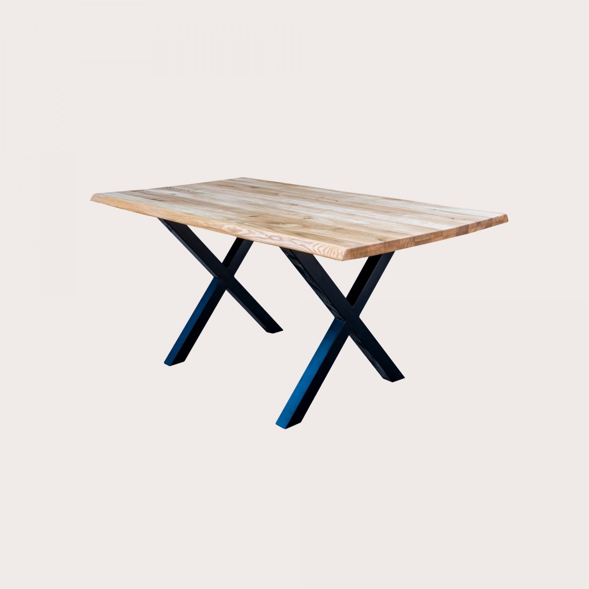 Eiche Massiv Lamelle Tischplatte mit x-Form Tischbeinen x-Tischgestell schwarz matt pulverbeschichtet