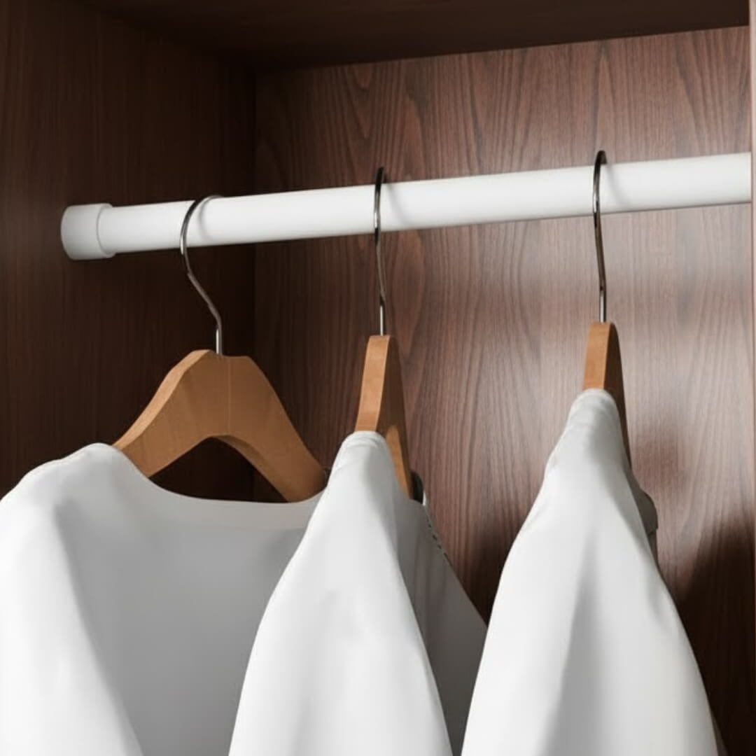 Kleiderstange weiß in einen dunklen Schrank zwischen zwei Wände montiert