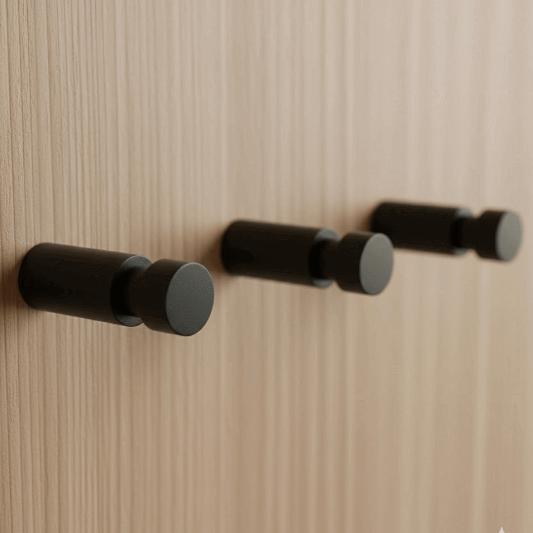 Garderobenhaken in scharz an Holzpanel geschraubt