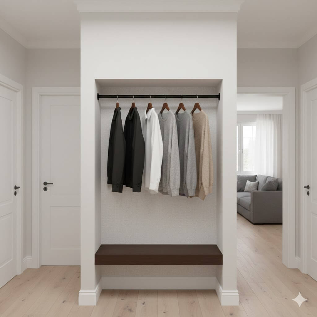 schwarze Kleiderstange in einer Nische zwischen zwei Wänden gebaut