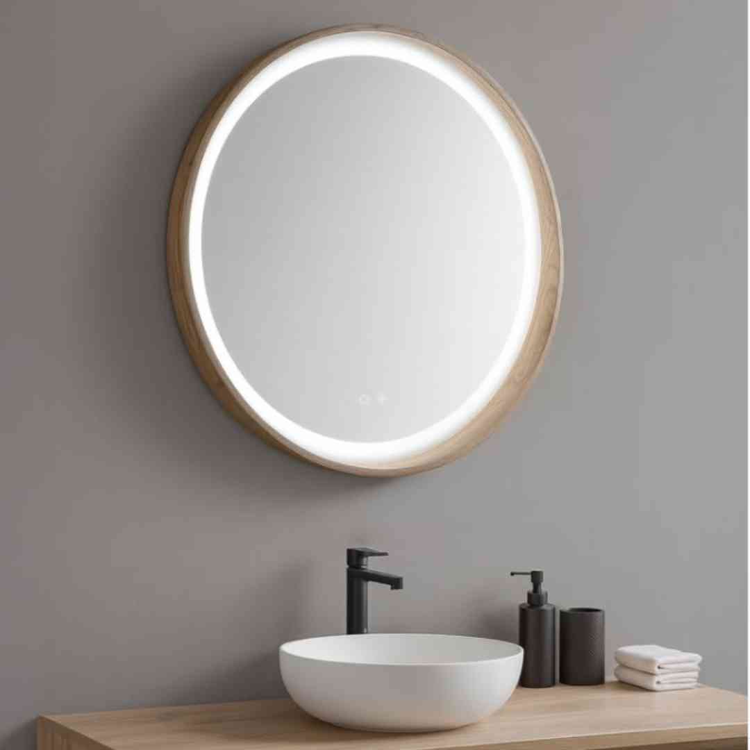 Beheizter Spiegel Ø 80 cm LUSTRO mit LED-Hintergrundbeleuchtung und Holzrahmen Eiche