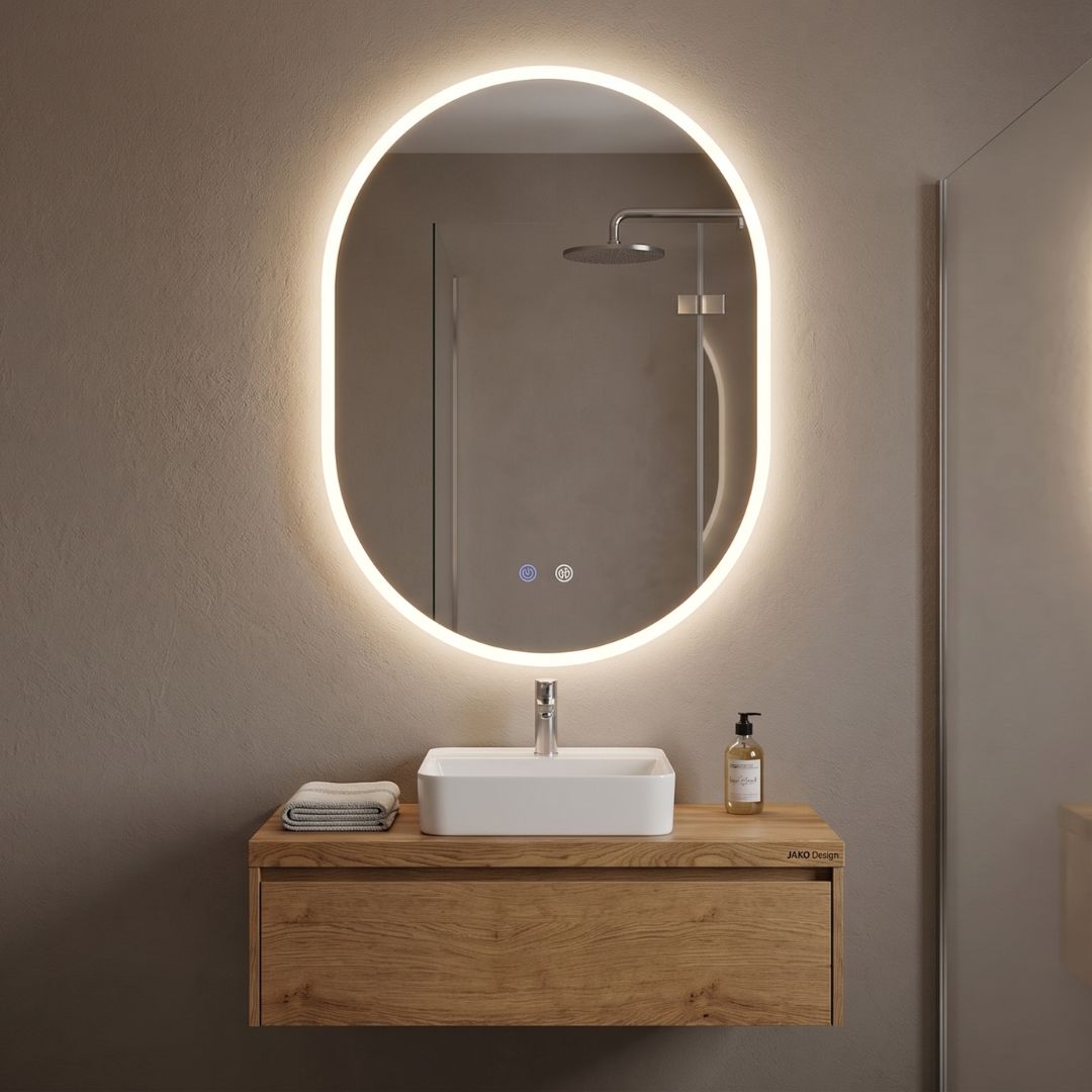 Spiegel oval 70 x 50 cm mit LED-Beleuchtung & Spiegelheizung