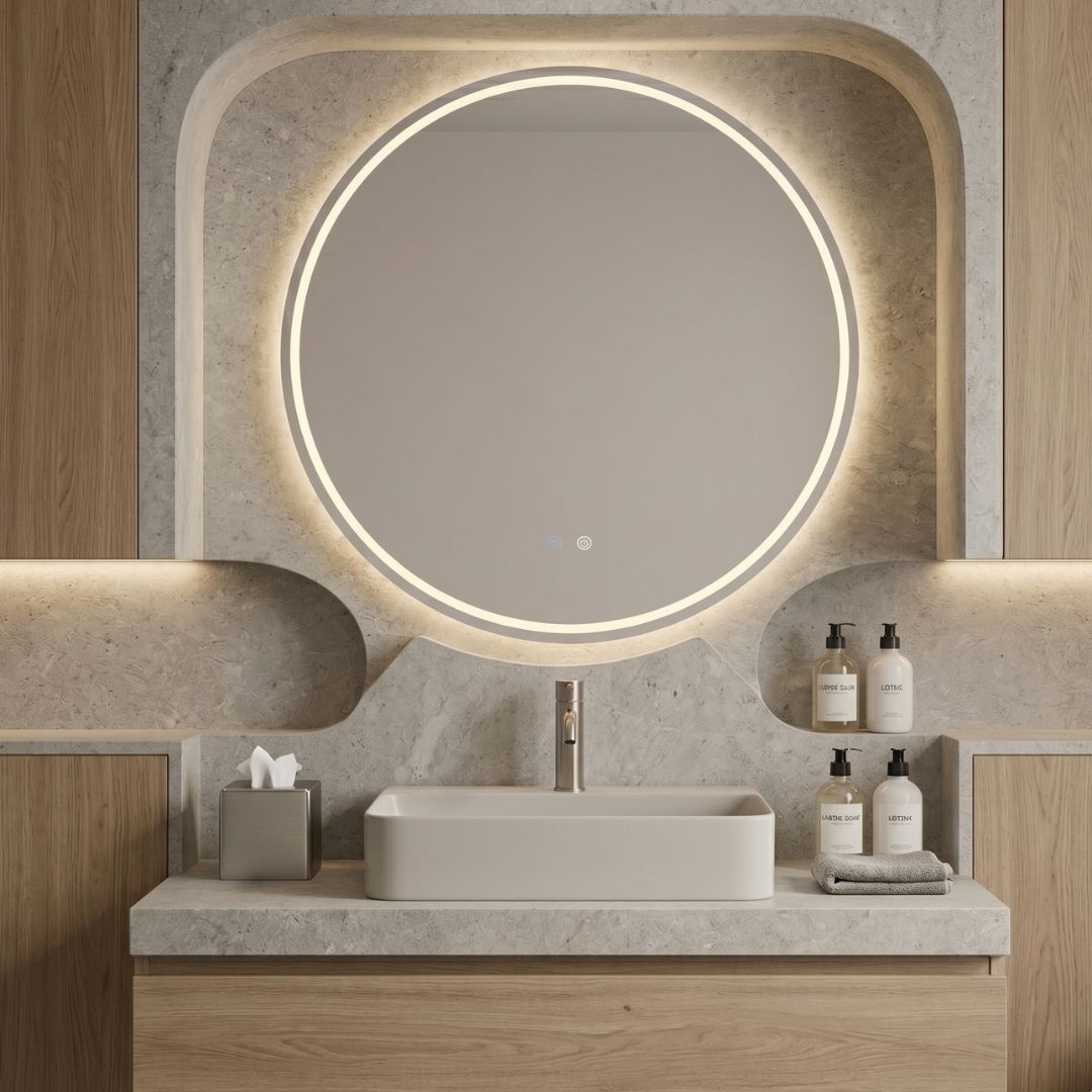 ein runder LED-Spiegel mit Beleuchtung und Heizung über einem Waschtisch im Badezimmer eingebaut