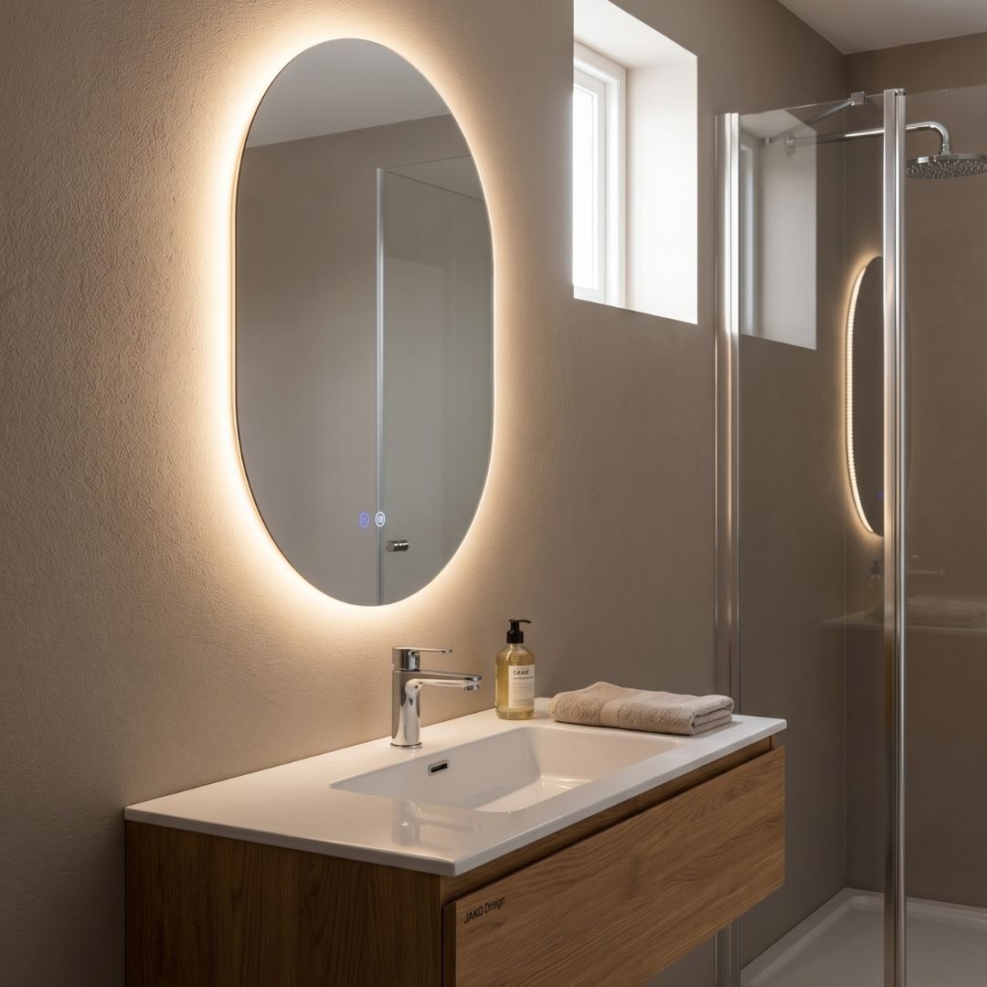 ovaler Spiegel an Seitenwand montiert neben der Dusche eines Badezimmers über dem Waschtisch